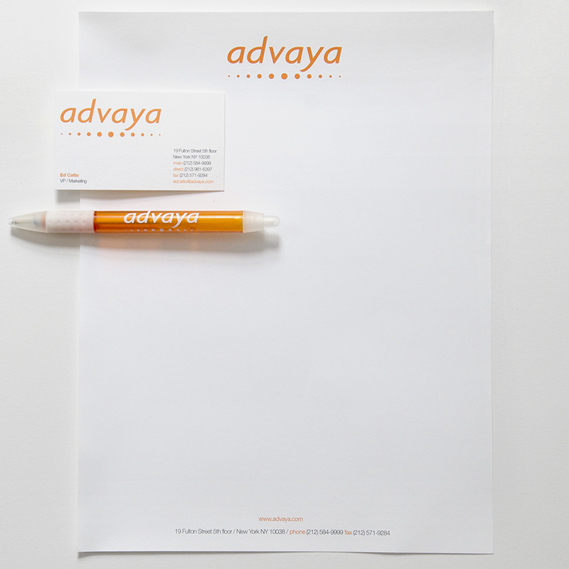 Advaya letterhead, business card, pen